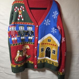 Festive Holiday Cardigan with Nutcracker and House Design